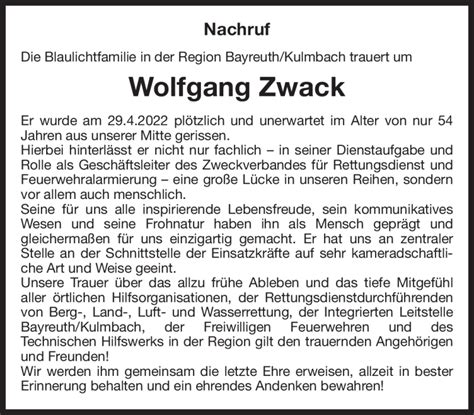 Traueranzeigen Von Wolfgang Zwack Nordbayerischer Kurier