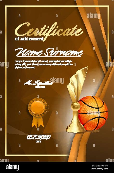 Diploma Certificado De Baloncesto Con Taza Dorada Vector Premio