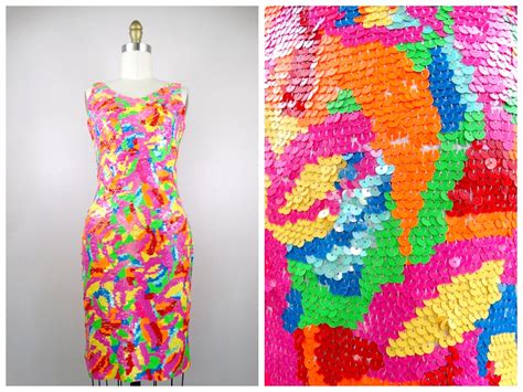S M Neon Sequin Dress Hot Pink Orange Yellow And Green Etsy