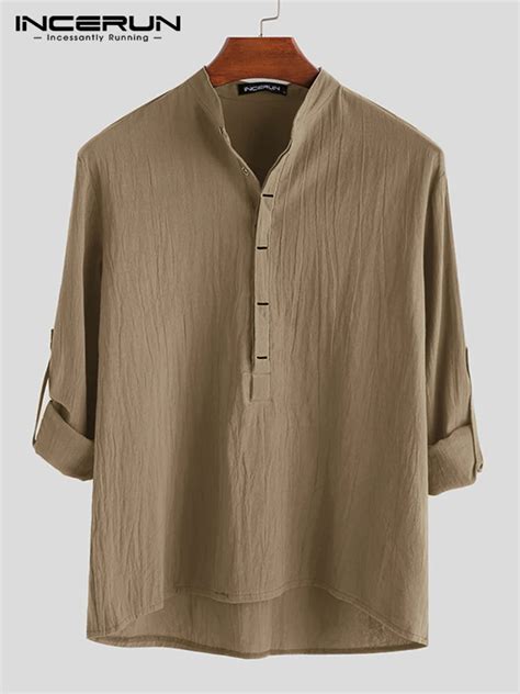 Incerun Tops Autumn Hot Sale Men Cotton Linen Shirts Casual