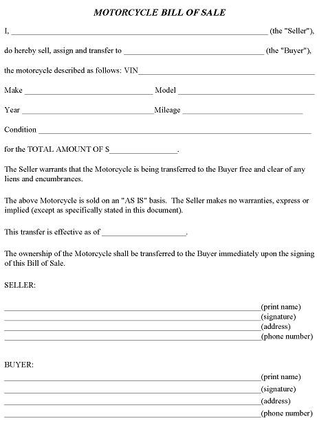 Florida Motorcycle Bill Of Sale Form Pdf And Word