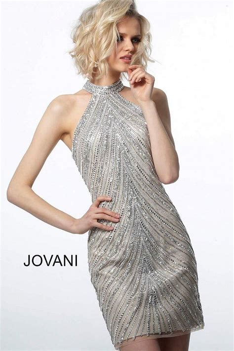 Jovani 3834 Embellished Halter Neck Cocktail Dress Short Dresses Silver Cocktail Dress