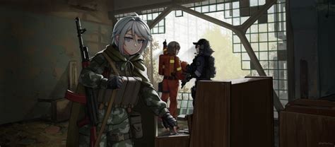 Safebooru 3girls Absurdres Ak 74 Arm Up Assault Rifle Bangs Baseball