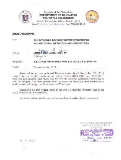 Memorandum Department Of Education Region Iv Calabarzon