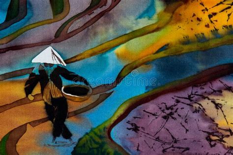 Rice Terraces Fragment Hot Batik Handmade Abstract Surrealism Art On Silk Stock Photo Image