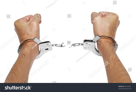 Hands Breaking Handcuffs Isolated On White Stock Photo