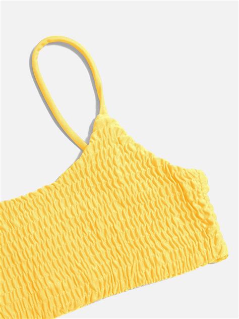 Emmiol Free Shipping 2024 Smocked Low Rise Bikini Set Yellow S In