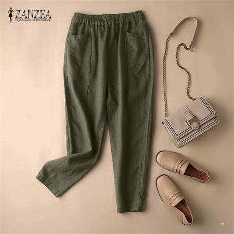 Zanzea Womens Cotton Linen Elastic Waist Long Pants Casual Pockets