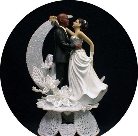 Bald African American Groom White Bride Brown Hair Wedding Cake Topper