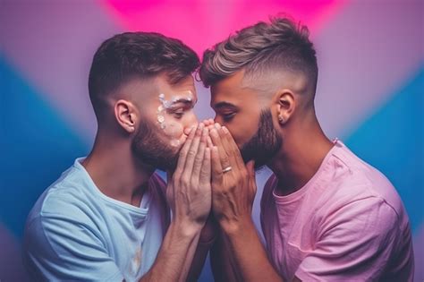 Jeune Couple Gay S Embrassant Faisant Le Symbole Du Coeur Avec Les