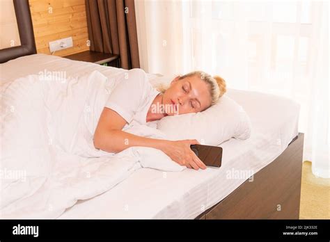 Woman Mobile Beautiful Blonde Phone Sleep Bed Blanket Eyes Bedroom For Adult Relax For Health