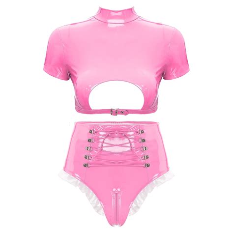 Alvivi Women S Shiny Metallic Lingerie Set Latex Bra With Booty Shorts