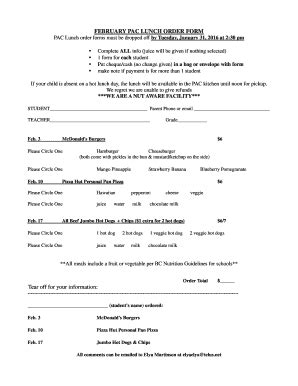 Fillable Online Pac Lunch Order Form Feb Sre Sd Bc Ca Fax Email