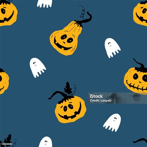 Halloween Seamless Pattern Design Cute Cartoon Pumpkin And Ghost