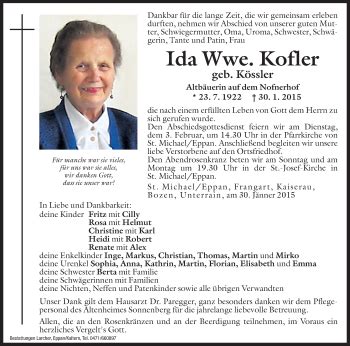 Traueranzeigen Von Ida Kofler Trauer Bz