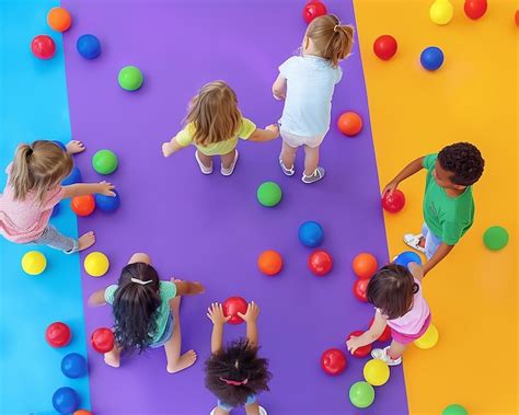 group  children playing  balls   purple background