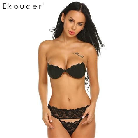 Ekouaer Women Push Up Lingerie Bra Self Adhesive Silicone Bust Lace Up