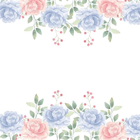 Soft Blue And Peach Rose Watercolor Flower Leaves Frame Wedding Rose