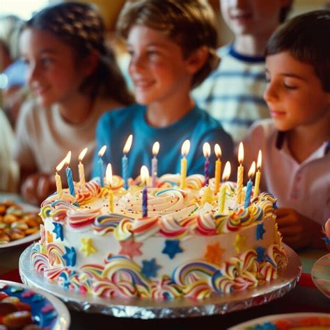 Premium Photo Colorful Birthday Cake With Lit Candles Surrounded By