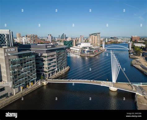 Aerial View Bbc Quay House And Media City Footbridge Salford Quays