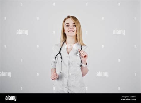 Blonde Doctor Nurse With Stethoscope Isolated On White Background Stock Photo Alamy