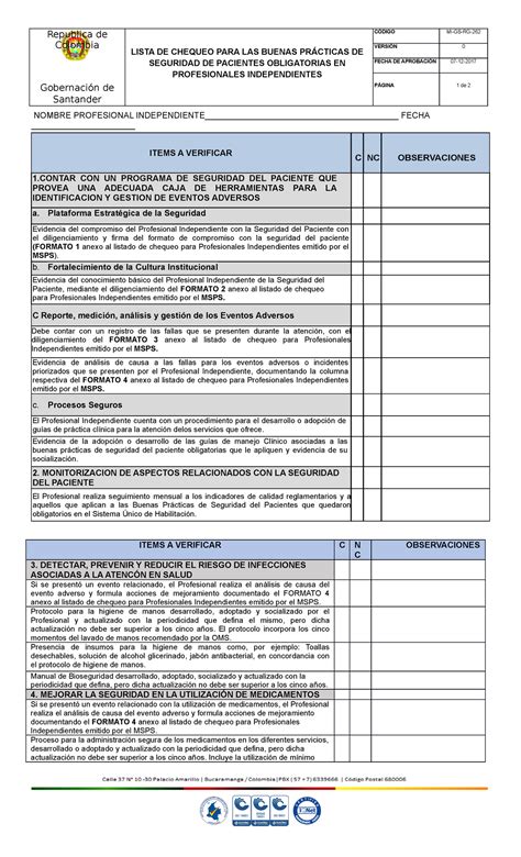 Mi Gs Rg 262 Lista De Chequeo Para Las Buenas Prcticas De Seguridad De