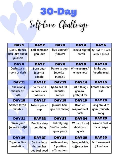 30 Day Self Love Challenge Printable Etsy Love Challenge Self Love Self Care Activities