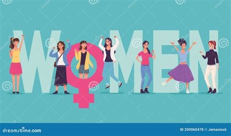 Gruppen Med Sex Vackra Unga Kvinnliga Karaktärer Som Firar Och Kvinnor Vektor Illustrationer