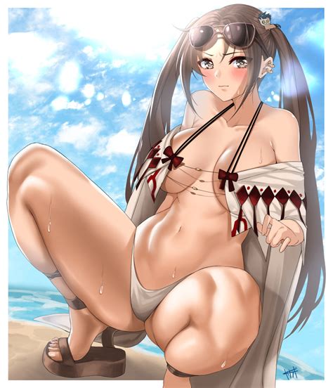 Rule 34 1girls Absurdres Beach Blue Sky Breasts Brown Eyes Brown Hair