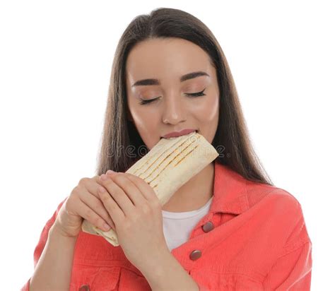 Young Woman Eating Tasty Shawarma Isolated On White Stock Image Image