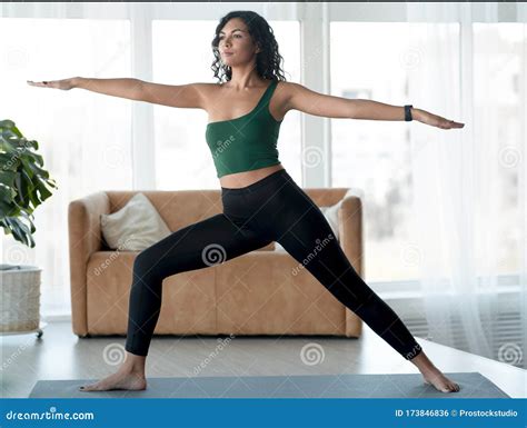 Wellbeing Concept Latin Woman Doing Her Yoga Training Indoors Stock