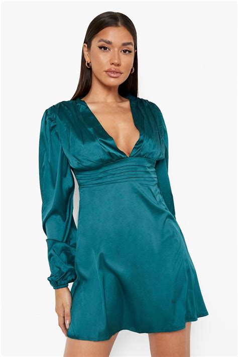 Satin Plunge Ruched Waist Mini Dress Boohoo