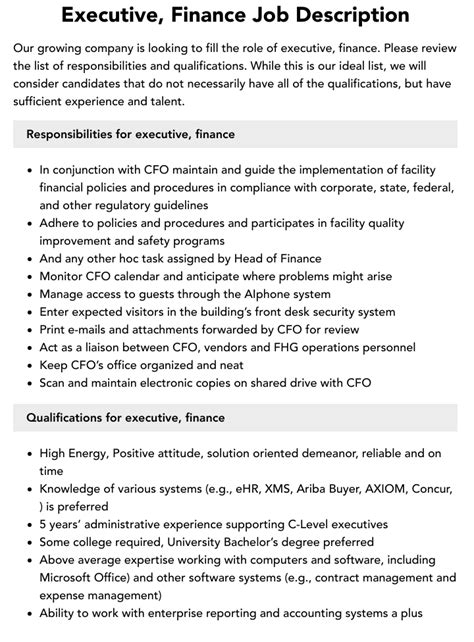 executive finance job description velvet jobs