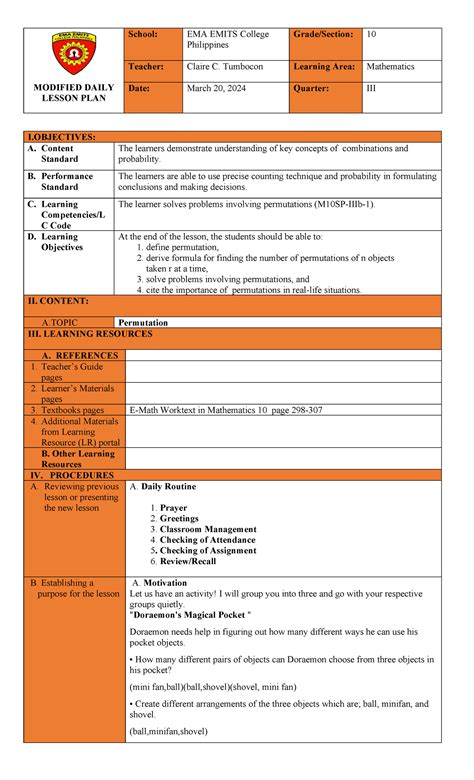 Finaldemo Lpclaire - MODIFIED DAILY LESSON PLAN School: EMA EMITS