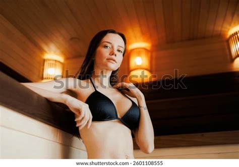Sexy Woman Bikini Looking Camera Sauna Stock Photo 2601108555