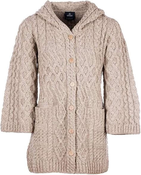 Aran Mills Damen Lang Merino Wolle Strickjacke Mit Kapuze Beige Amazon