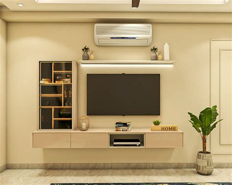 spacious wall mounted tv unit   tall storage unit livspace