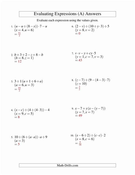 Evaluate Expression Worksheet Pdf