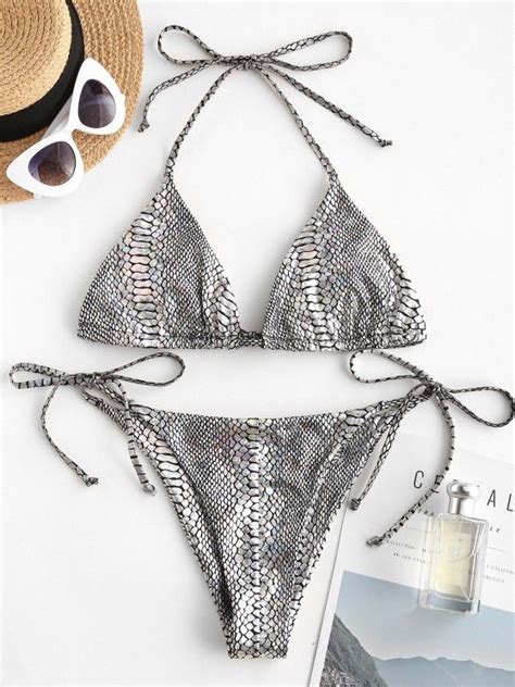 Off Zaful Snakeskin Metallic Halter String Bikini Swimwear