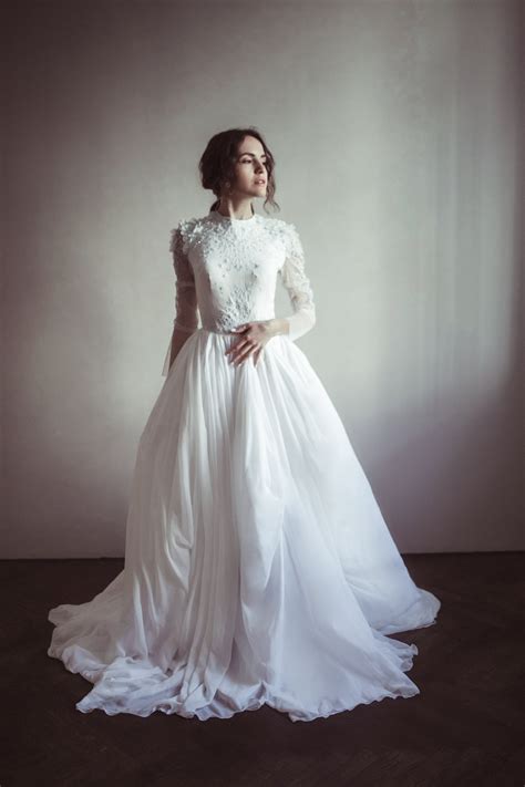Embroidered Illusion Bodice Wedding Dress, Sheer Long Sleeve Wedding