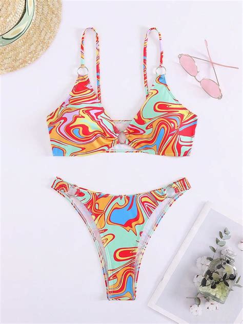 Women S Summer Beach Marble Print Circular Linkage Sexy Bikini Set Shein Eur