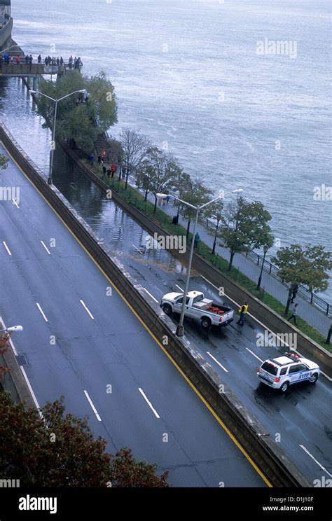 Aerial Of Hurricane Damage To New York City Flooding On Fdr Drive Usa