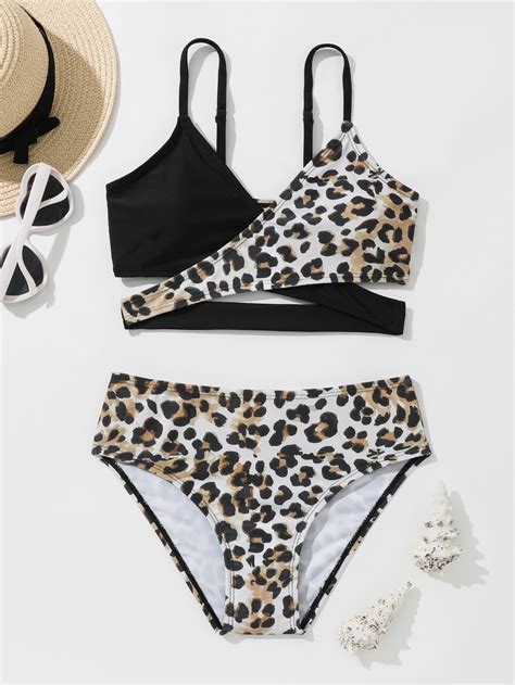 Girls Leopard Print Wrap Bikini Swimsuit