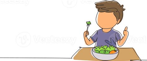 Soltero Uno Línea Dibujo Pequeño Chico Comiendo Fresco Vegetal Ensalada