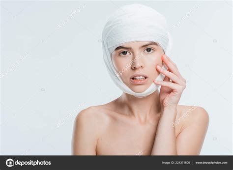 Nude Woman Bandages Head Plastic Surgery Isolated White Free Stock Photo EdZbarzhyvetsky