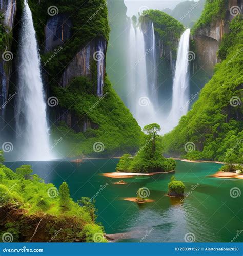 A Surreal Landscape of Floating Islands, Adorned with Majestic