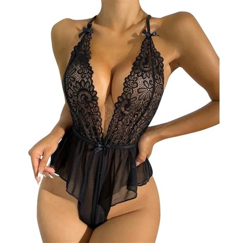Uaang Women Sexy Lingerie Deep V Neck Bodysuit Ruffled Lace Erotic Thongs See Through Bodysuit