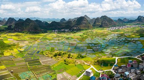 Aerial View Of Great Landscape Glass Fields At Huixian Town Guilin