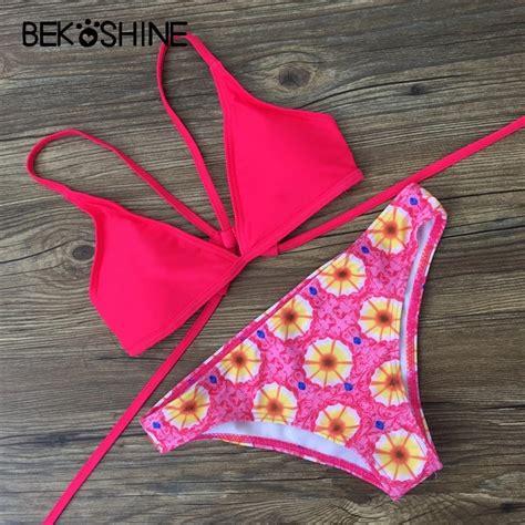 BEKOSHINE Swimsuit 2018 Women Sexy Bikini Set Solid Print Swimwear