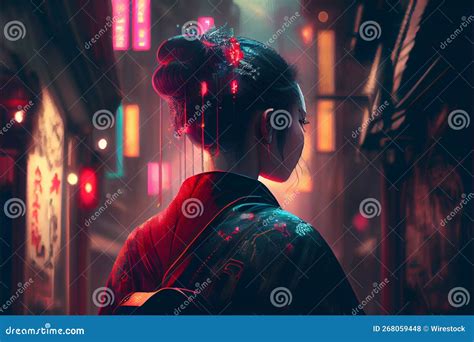 Ai Generated Illustration Of Beautiful Geisha Anime Girl With Tradition Outfit In The City At